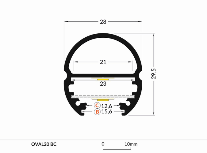 LED profile OVAL20 2000 anod. sa difuzorom i nosačima
