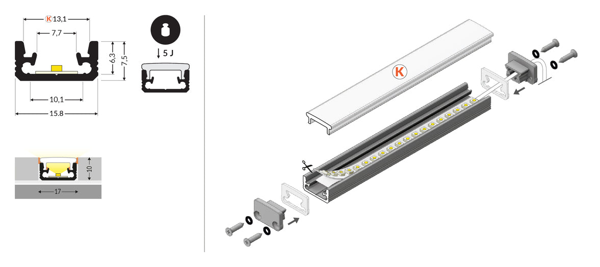 LED profile FLOOR8 K 2000 anod. sa difuzorom za pod