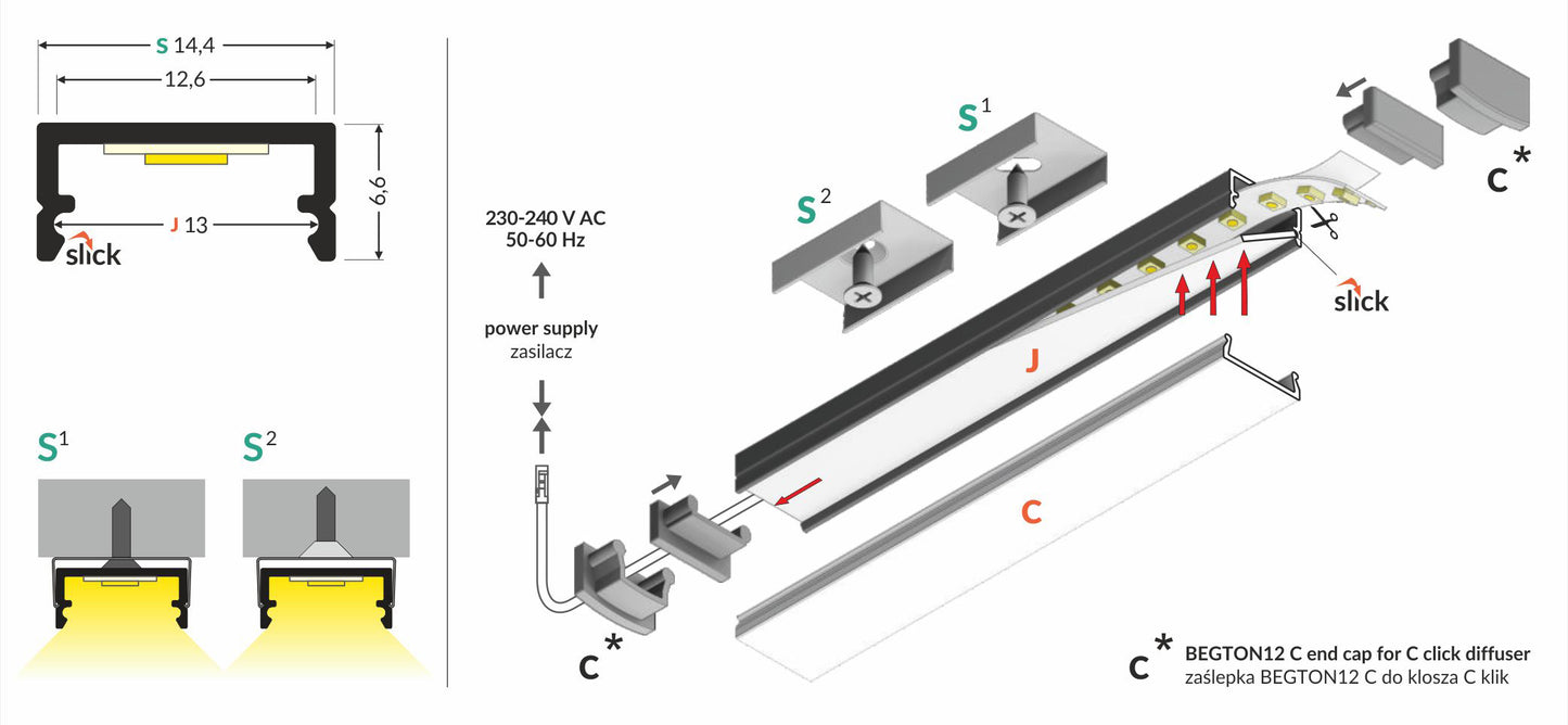 LED profile BEGTON12 J/S 2000 raw alu. + diffuser J slide 2000 opal