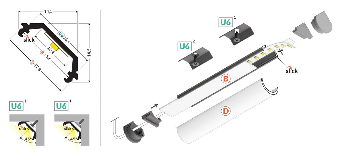 LED profile QUARTER10 BD/U6 2000 anod.