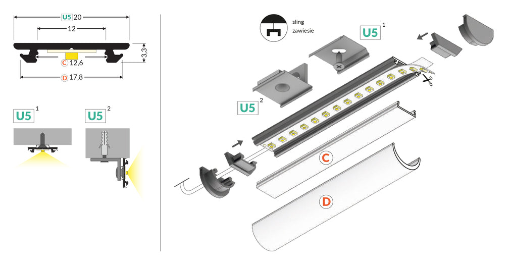 LED profile ARC12 CD/U5 2000 raw alu. sa difuzorom