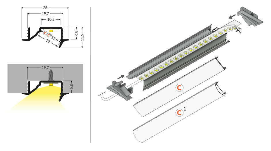 LED profile DIAGONAL10 C 2000 anod.