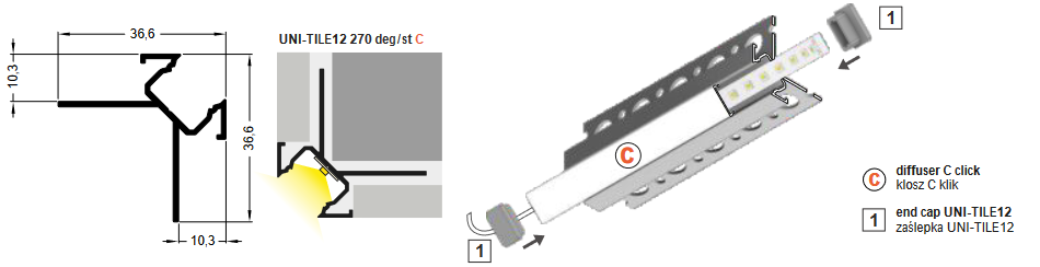 LED profile UNI-TILE12 270deg C PLUS 2000 anod.
